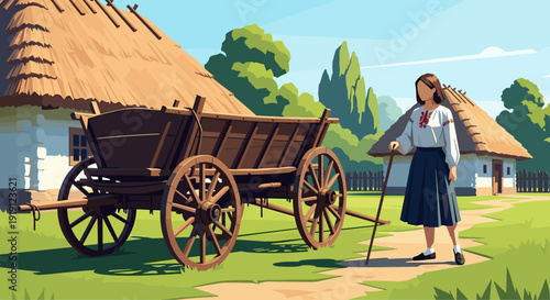 Traditional Ukrainian village scene with a woman and a horse-drawn cart Low Polygonal