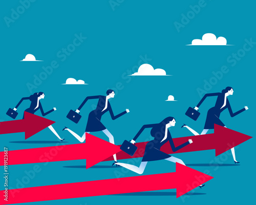 Business Together. Running in the same direction following the arrows shows determination and a clear shared goal
