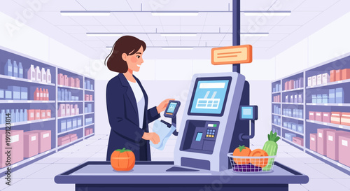 Woman Scanning Items at Checkout Counter.