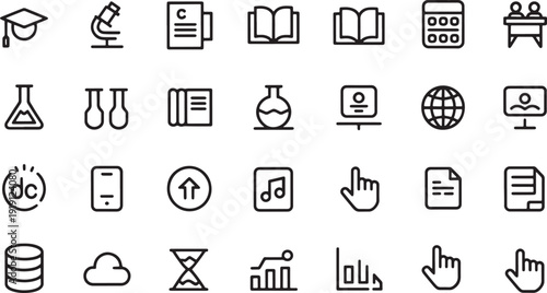 Collection of monochrome line icons representing education and technology