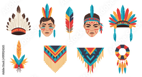 Native American inspired headdresses, feathers, and dreamcatchers with tribal patterns Low Polygonal