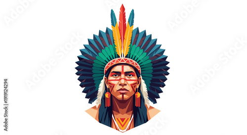 Indigenous man with vibrant feather headdress and face paint, symbolizing cultural heritage Low Polygonal