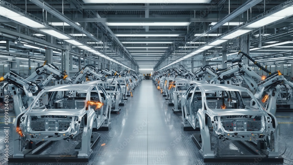 Fototapeta premium Large automotive manufacturing plant interior with robotic arms assembling car body frames