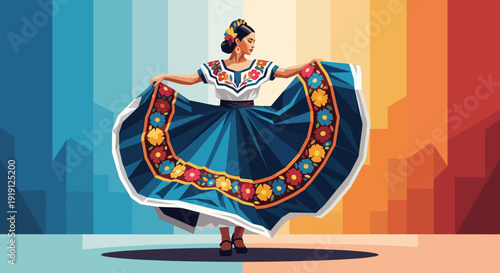 Traditional Mexican woman in a vibrant folklorico dress dancing with joy and grace Low Polygonal
