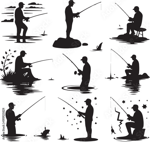 Silhouette of people fishing in various positions on water  recreational activity