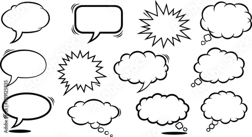 Collection of various comic book speech bubbles and thought clouds in black and white