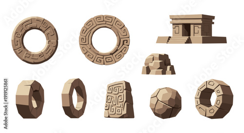 Collection of ancient stone artifacts and structures with geometric carvings Low Polygonal