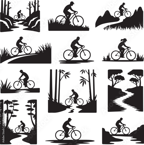 silhouette of people riding bicycles in various landscapes