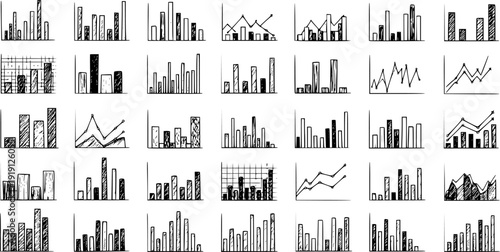 Set of sketchy hand-drawn business charts and graphs doodle collection, including bar, line, and area charts for data visualization and financial analysis.