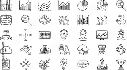 Hand-drawn Data Analysis  Business Icons Set. Doodle collection for analytics, finance, strategy, and statistics concepts.