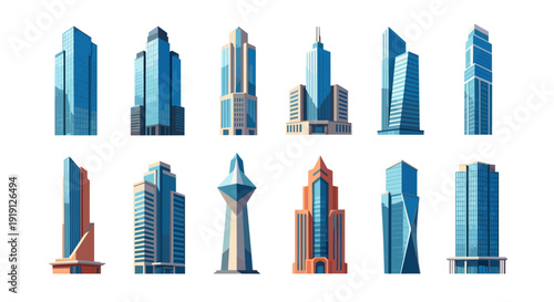Collection of modern skyscrapers and tall buildings with glass facades Low Polygonal