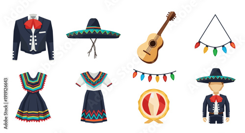 Traditional Mexican cultural icons including mariachi suit, sombrero, guitar, and dresses Low Polygonal