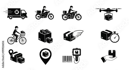 Delivery Service Icons Representing Logistics and Shipping Methods.