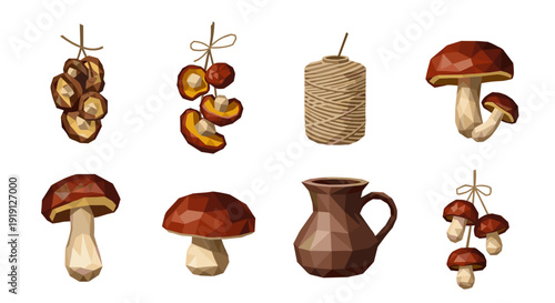 Collection of low-poly mushrooms, twine, and a jug in a flat design style Low Polygonal