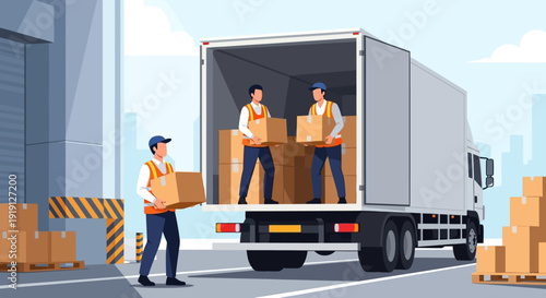 Delivery Men Unloading Boxes from Truck.