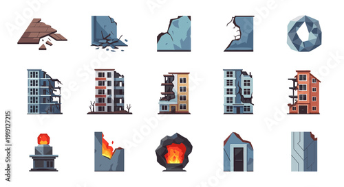 Collection of cartoon style damaged buildings and architectural debris Low Polygonal
