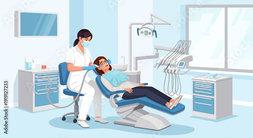 Dentist Examining Patient in Dental Office.