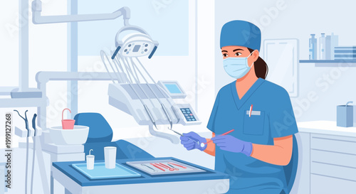 Dentist in blue uniform working.