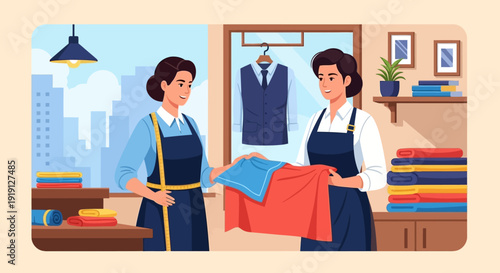 Laundry Workers Ironing Clothes in Dry Cleaners.