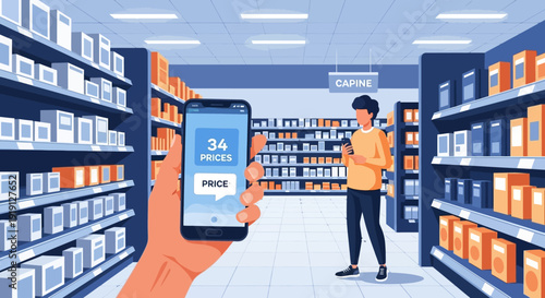 Man Shopping with Smartphone in Store.