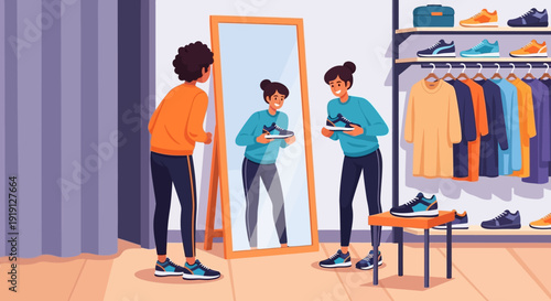 Man Trying On Clothes In Front Mirror.