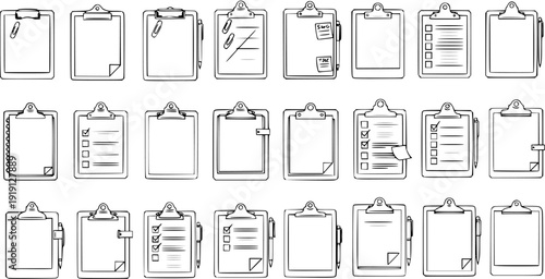 Hand Drawn Sketch Style Clipboard Icons Set with Blank Papers, Checklists, and Pens for Business, Office, and Productivity Illustrations