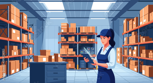 Warehouse Worker Scanning Inventory with Tablet.