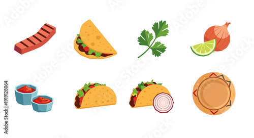 Mexican food ingredients and dishes, including tacos, salsa, and garnishes Low Polygonal