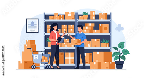 Warehouse Workers Organizing Packages on Shelves.