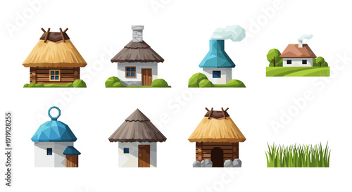 Collection of stylized traditional village houses with thatched and tiled roofs Low Polygonal