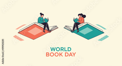 World Book Day illustration with people reading on giant books, vector graphic.