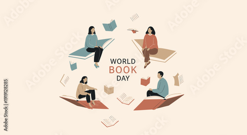 World Book Day vector illustration, people reading books, World Book Day logo. Created in flat style with colorful palette.