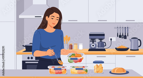 Woman Preparing Healthy Meal in Kitchen.