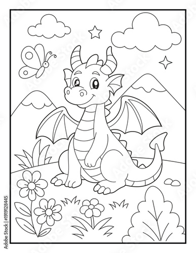 Wallpaper Mural Fantasy coloring pages for kids. A happy baby dragon sitting in a spring meadow with mountains and flowers. Children's coloring books, fun and educational materials. Torontodigital.ca