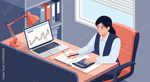 Woman Working on Laptop at Office Desk.