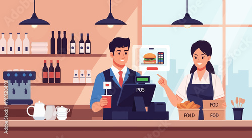 Barista and Waitress Interacting at Coffee Shop Counter.