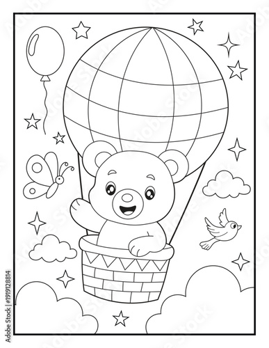 Wallpaper Mural Cute Cartoon Bear Flying in a Hot Air Balloon Coloring Page for Kids. Bold and Easy Children's Character Line Art. Torontodigital.ca