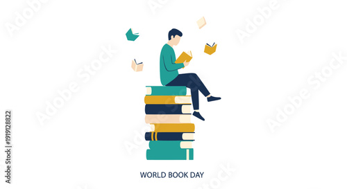 World Book Day icon with person reading on stack of books, surrounded by flying books and birds, isolated on transparent background