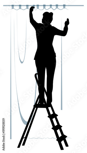 Family silhouettes. Woman cleaning the room. Vector illustration