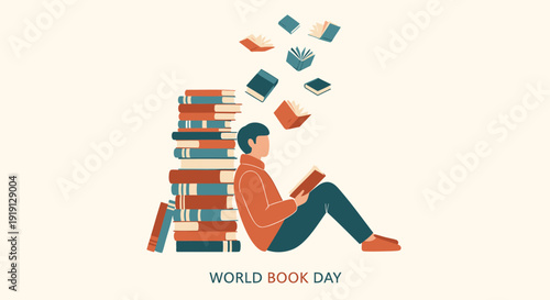 Vector illustration of a person reading on World Book Day with flying books.