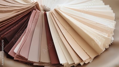 Circular fan of textile fabric swatches in various skin tones and neutral shades for fashion design and interior decoration concepts.