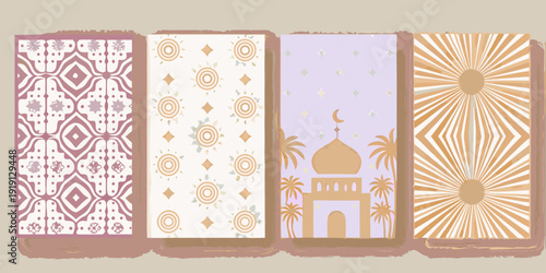 Four decorative rectangular panels with ornate patterns and a central mosque