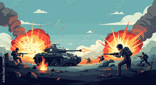 Soldiers and tank engaged in intense combat with explosions and smoke in the background Low Polygonal