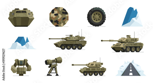 Collection of military vehicles and elements in a flat, geometric style Low Polygonal