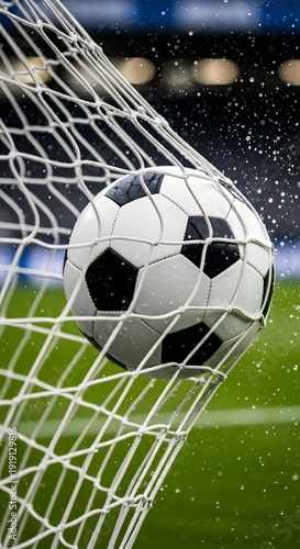 Soccer ball hitting back of net, goal moment freeze frame, high detail
