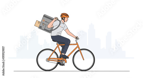 Delivery cyclist with large insulated bag riding bicycle in city, urban courier service
