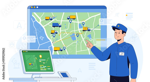 Delivery driver tracking logistics map on screen, logistics management