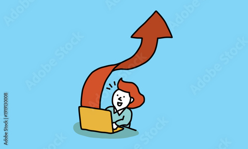 パソコンから飛び出す矢印　インターネットから成長への刺激を受ける人のイラスト