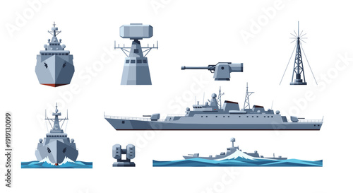 Modern naval warships and military equipment collection, vector illustration Low Polygonal