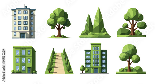 Collection of low poly buildings and trees in a flat design style Low Polygonal